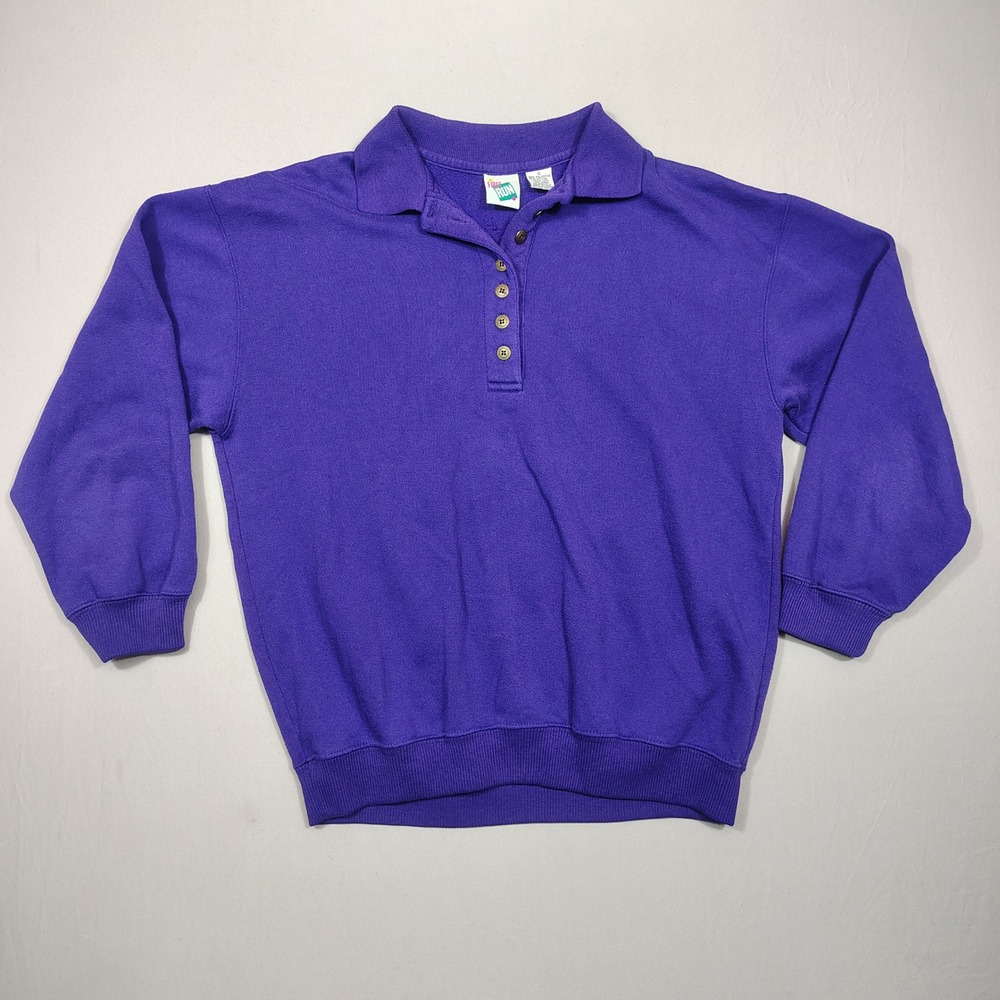 First Run Polo Sweatshirt Womens S Button-Down Purple Solid Vintage 90s Fleece